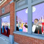 Painted windows on an old brick building