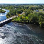 Aerial view of a river and bridge near St. Anthony