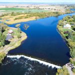 Aerial view of a river and falls near St. Anthony