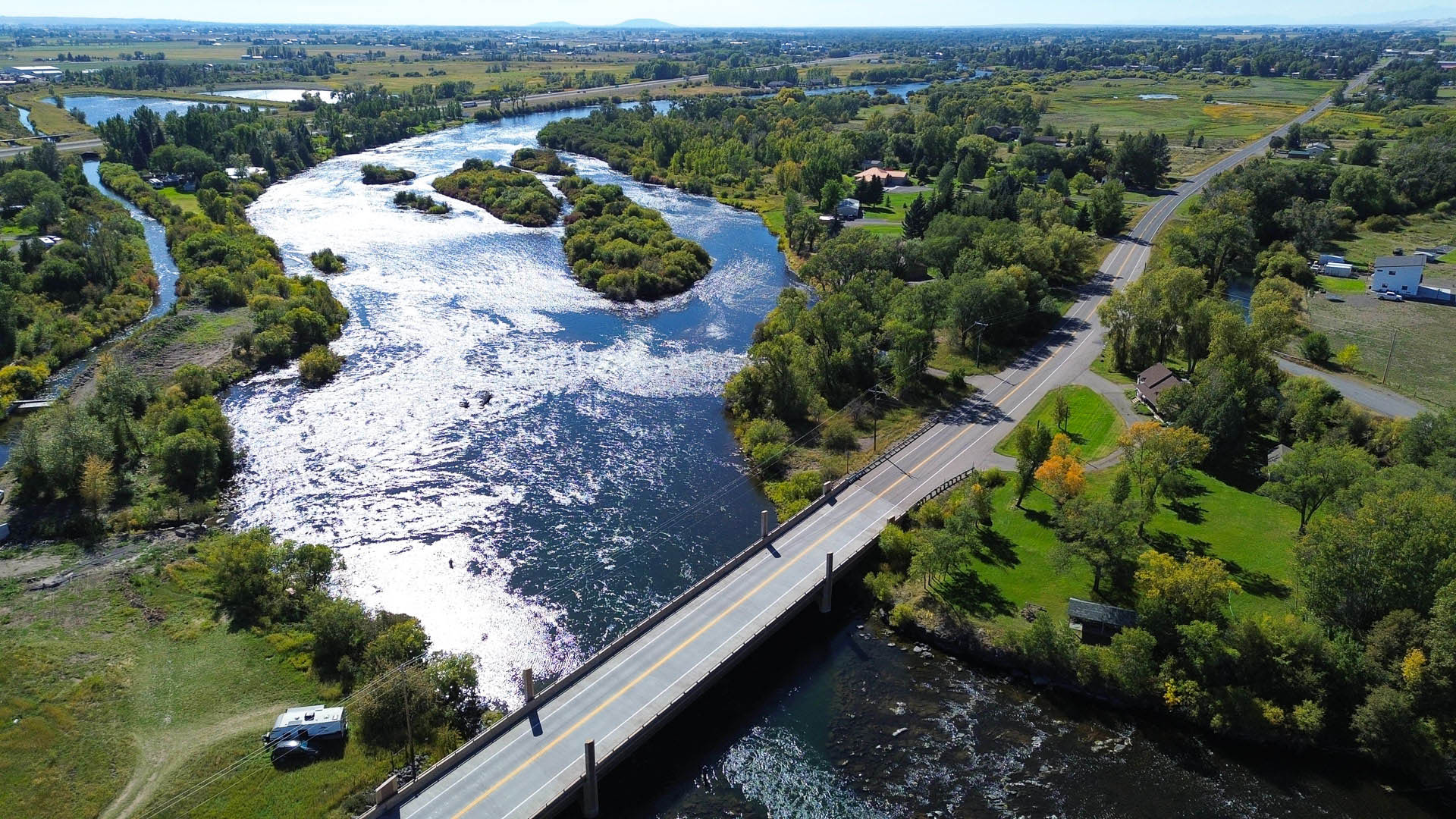 Aerial view of a highway bridge crossing a river